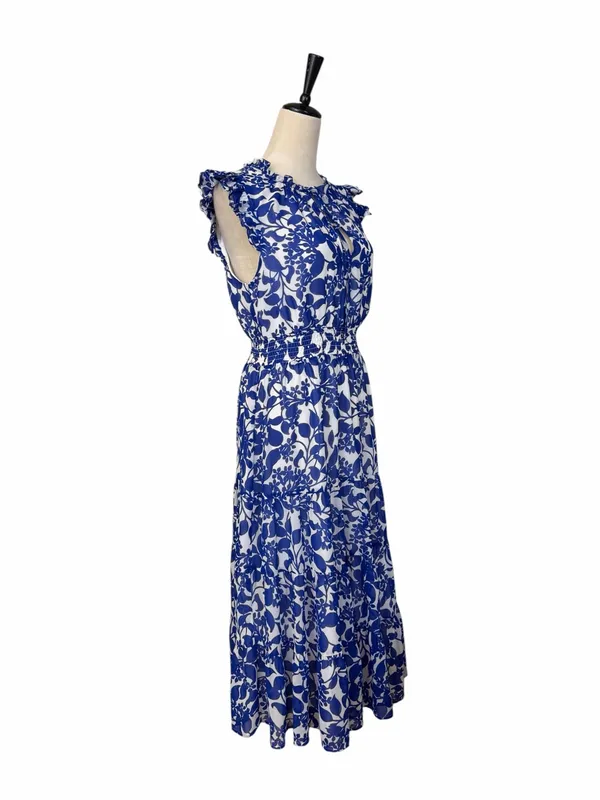 Sugar Lips Midi Dress Size M Floral Ruffle Smocked Tiered Blue White Tie Neck - Image 3