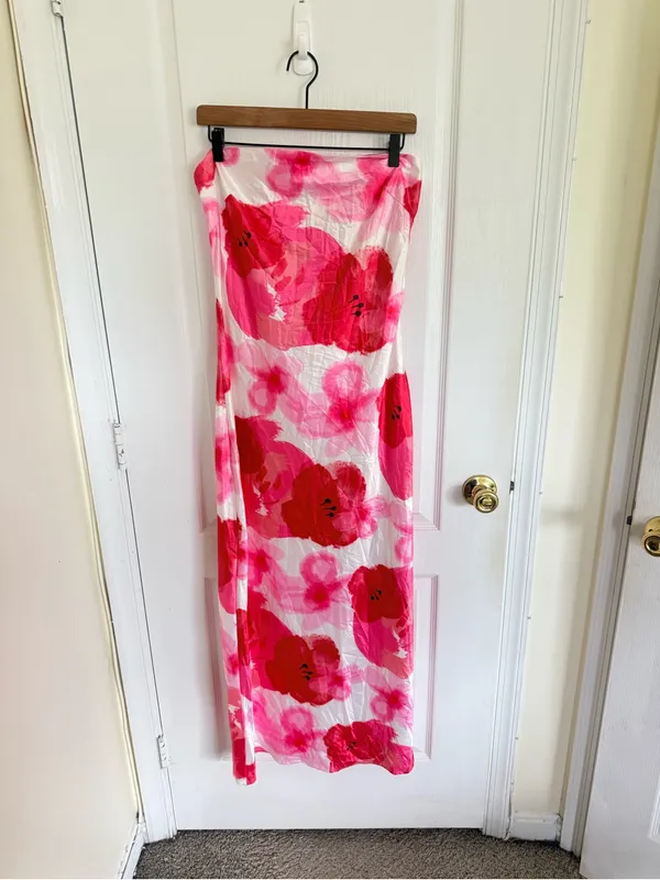 Peppermayo Strapless Pink & Red Floral Midi Dress - Image 2