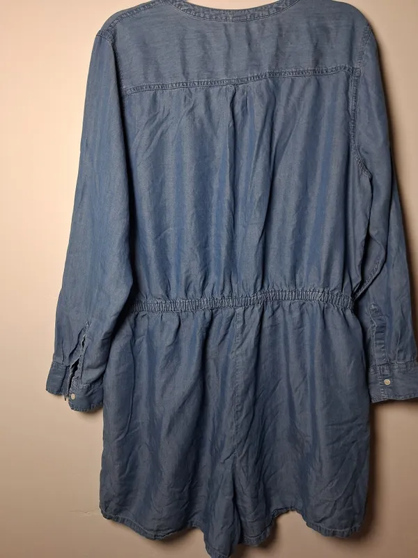 Old Navy Blue Long Sleeve Chambray Romper Shorts Outfit size XL Pockets Buttons - Image 10