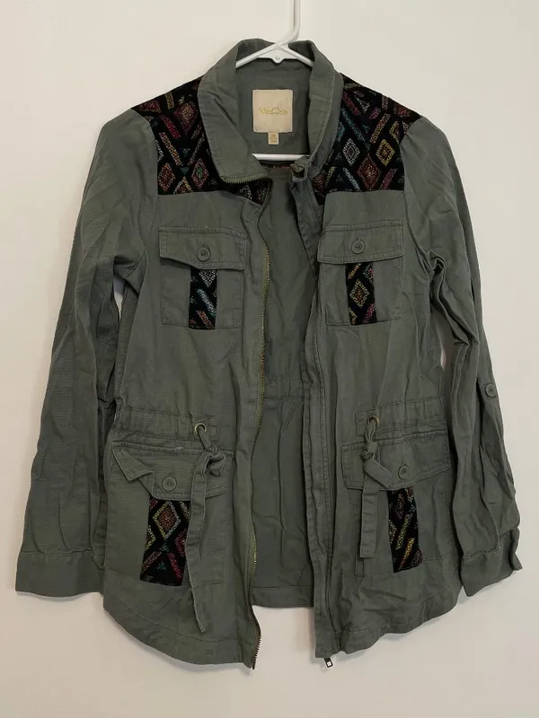 MODCLOTH Keep a Woven Mind Jacket Olive Army Green Multi Aztec Boho Embroidered - Image 7