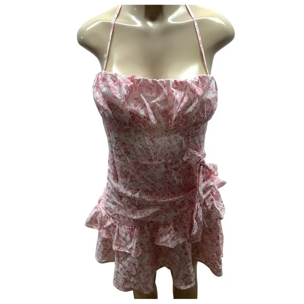 Shein Size Medium Pink and White Ruffle Dress with Neck Tie. Preloved. - Image 5