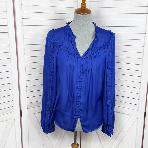 Loft Ruffle Trim Tie Neck Button Up‎ Blouse Long Sleeve Lapis Blue Small - Image 2
