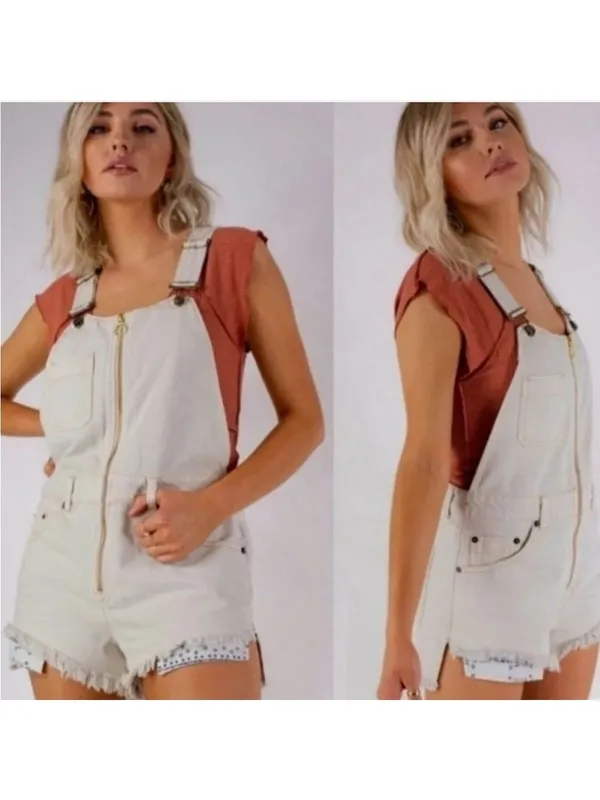 Free people We The Free Sunkissed Off White Denim Short Overalls Romper Size 4 - Image 3