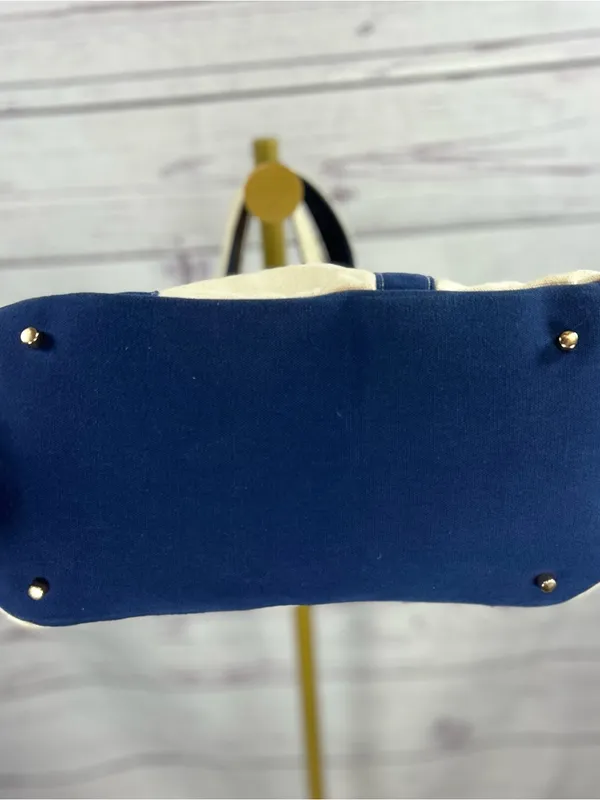 Designer Inspired Ivory & Navy Canvas Satchel Tote Bag Gold Hardware - Image 5