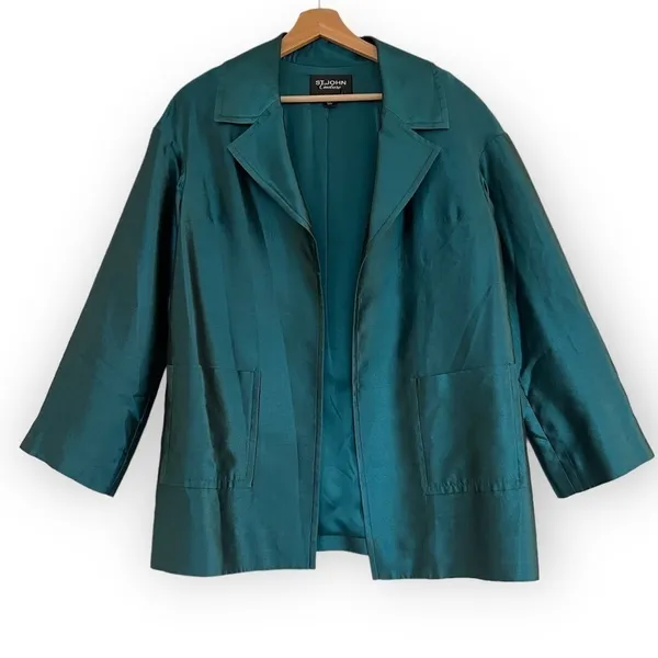 ST. JOHN COUTURE Sharkskin Silk Wool Blend Teal Open Front Jacket Blazer Size 8 - Image 3