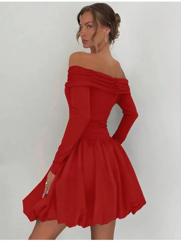 NEW Off Shoulder Mini Bubble Dress Long Sleeve Drop Waist S - Image 2