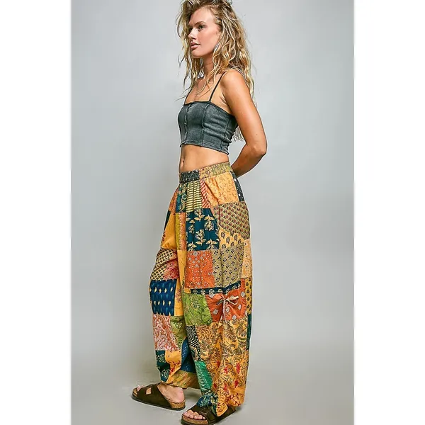 POL Printed Patchwork Wide Leg Pants with Adjustable Side Drawstring -‎ Small - Image 4