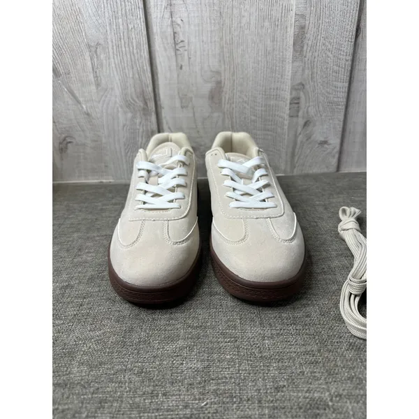 Womens Size 10.5 Beige Faux Suede Low Top Lace Up Sneakers Brown Gum Sole Shoes - Image 5