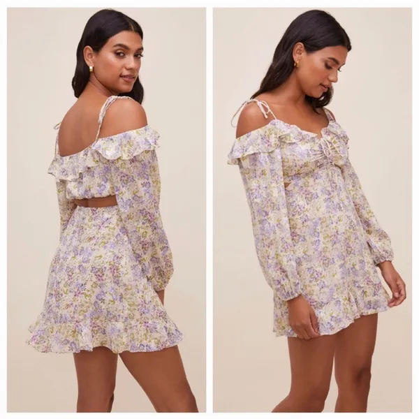 ASTR The Label Anastasia Cutout Mini Dress Small Ivory Lilac Floral Cottagecore - Image 17