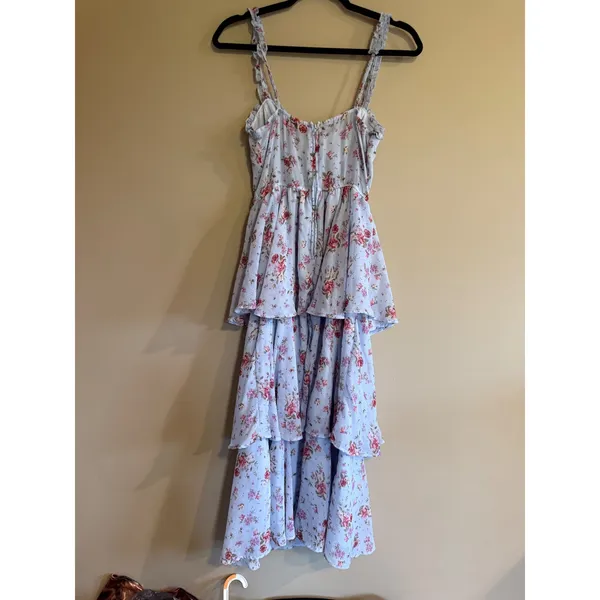 Mi Ami for Francescas Blue Floral Tiered Maxi Dress Ruffle Smocked Back‎ Small - Image 3