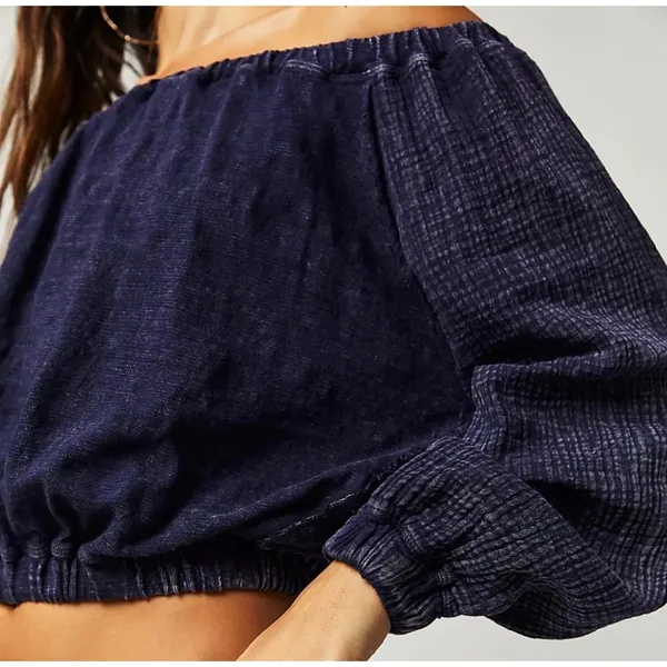 We the Free Boho Off the Shoulder Oversized Midnight Blue Blouse Top Size Small - Image 3
