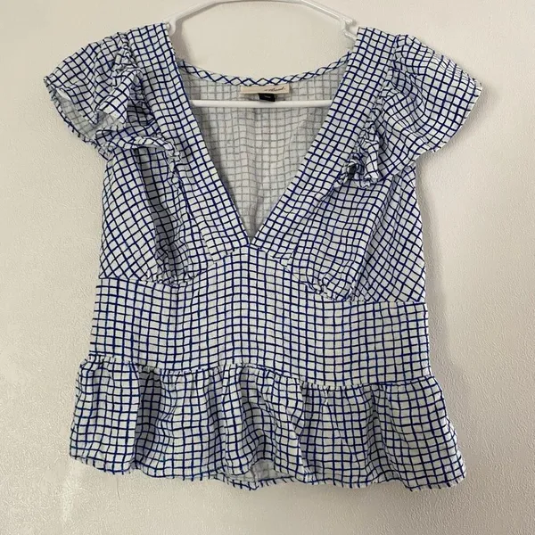Universal Threads Blue Check Ruffle Peplum Top Small - Image 2