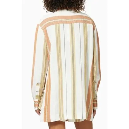 Shona Joy Women Suzana‎ Linen Button Front Tunic Shirt Medium Striped Resort - Image 4