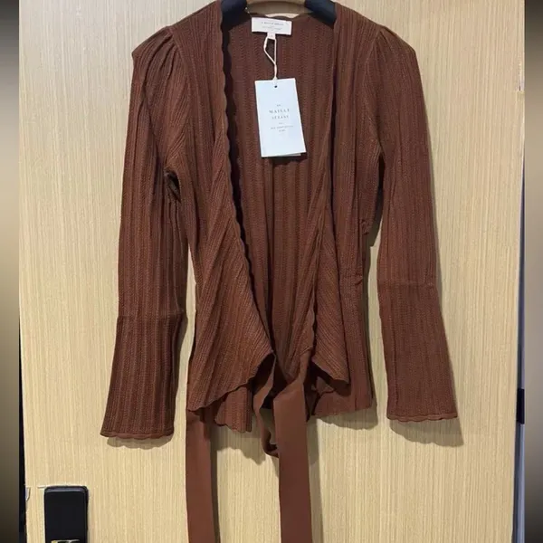 Sezane Brown Ecovero Lenzing Scalloped Knit Solweig Wrap Cardigan Sweater L - Image 3