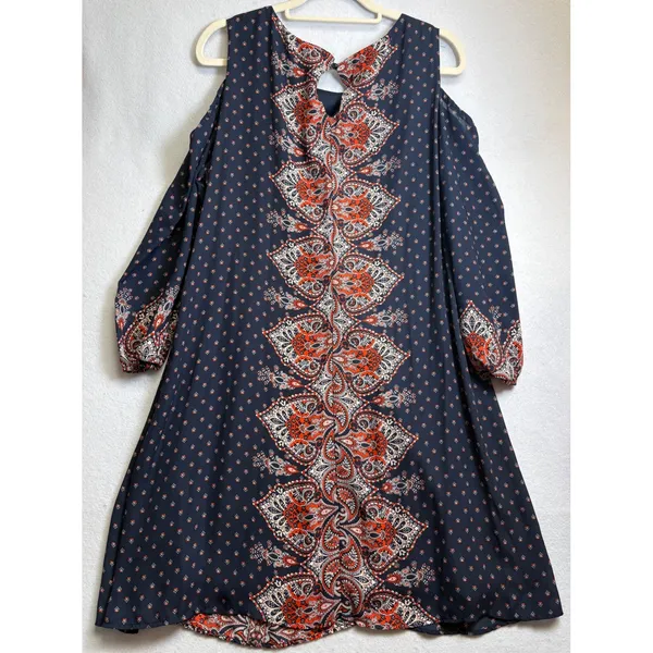 AUW Cold Shoulder Shift Dress Size 12 Navy Orange Paisley Boho 3/4 Sleeve 459477 - Image 3