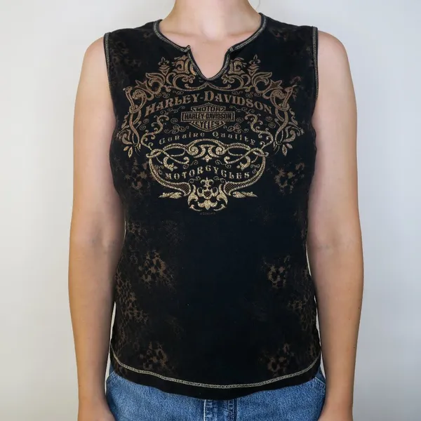Y2K Harley Davidson Cheetah Gold Sparkly Tank Top Black Size L - Image 3