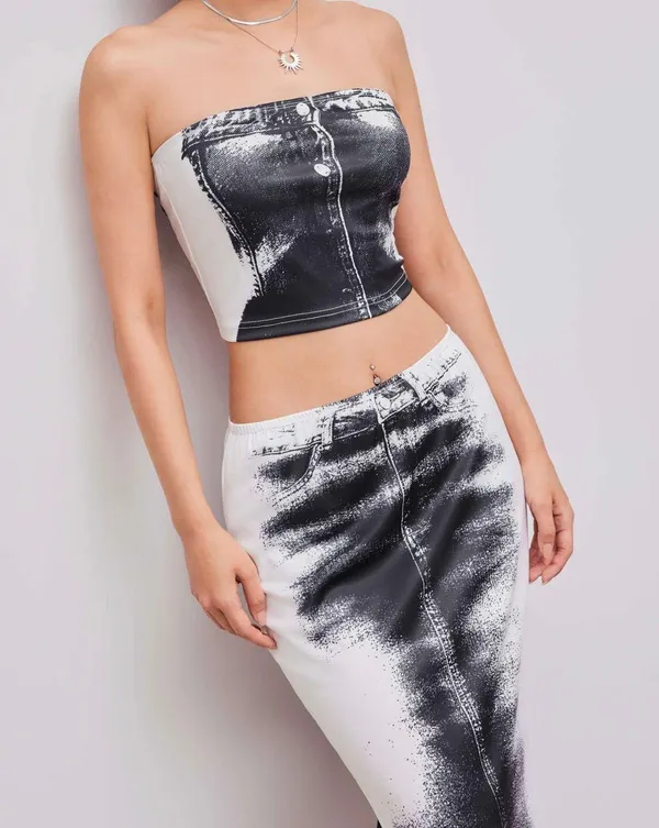 Cider | Black & White Tube Abstract Crop Top & Mid Rise Two-Piece Midi Skirt Set - Image 3
