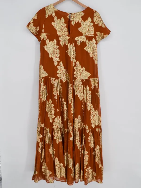 Anthropologie Jocasta Tiered Maxi Dress Burnt Orange Gold Metallic XS - Image 3