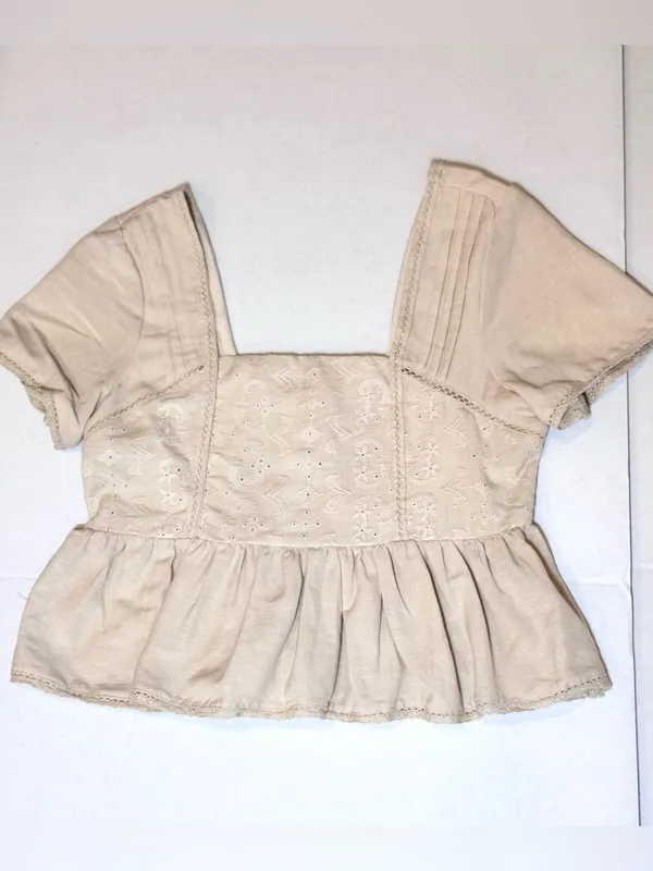 Midnight sky Cream Linen Blend Eyelet Peplum Top S Square Neck Cottagecore Coquette Prairie - Image 8