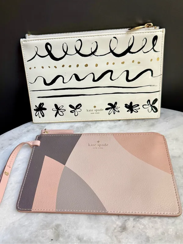 Kate Spade Zip Pouch Set of 2 - Geometric Leather Wristlet & Printed Clutch - Image 2