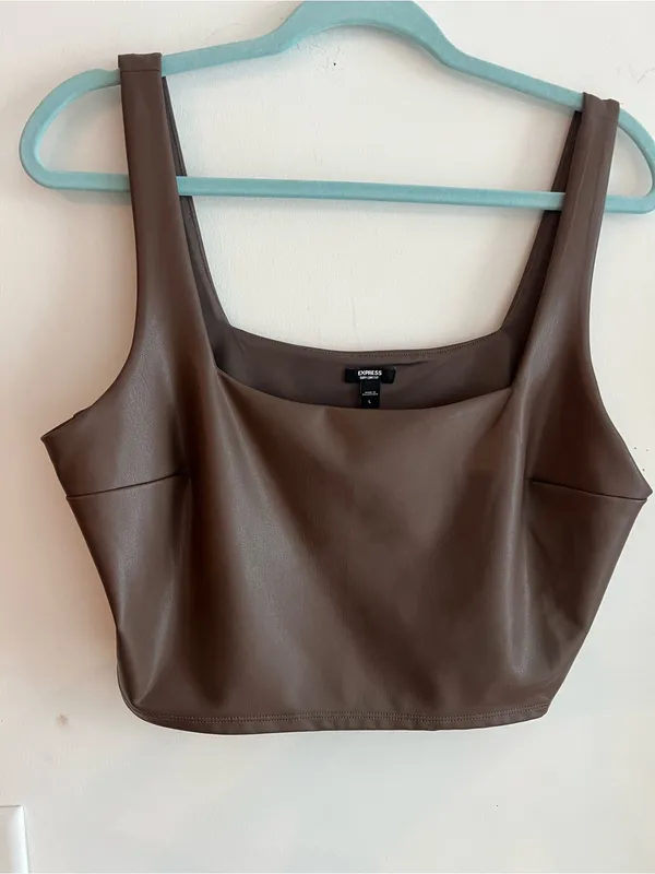Express Body Contour Faux Leather Square Neck Cropped Tank Top Brown Large - Image 2