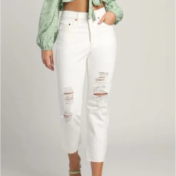 NWT Levi's 501’s White Distressed High‎ Rise Raw Hem Straight Leg Denim Jeans - Image 2