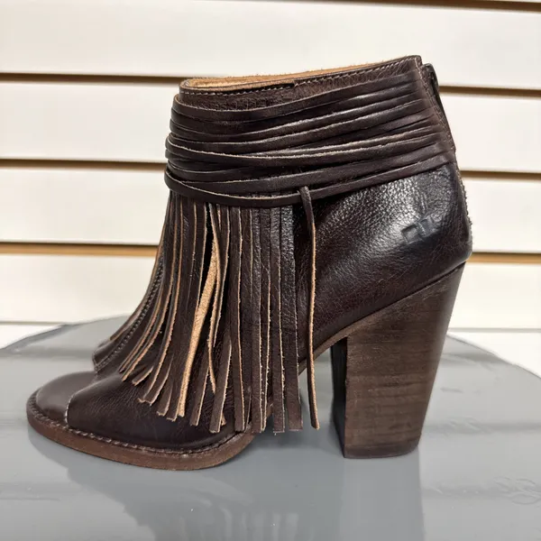 Bed Stu Onset Olivia Women's 6.5 Peep Toe Fringe Booties Brown Leather Heel Boho - Image 4
