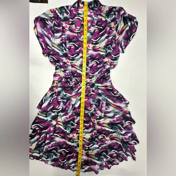 VERTIGO Dress Women’s Size Medium Blouson Flare Tiered Cinched‎ Purple Blue Work - Image 5