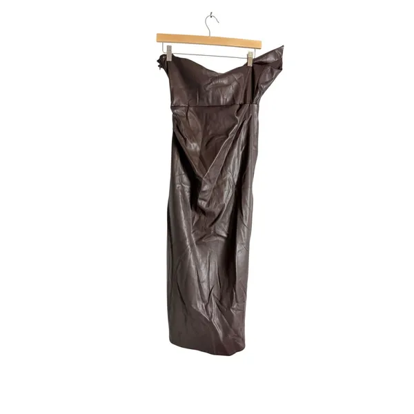 Simkhai Carkee Brown Faux Leather Faux Wrap Draped Strapless Midi Dress Small - Image 9