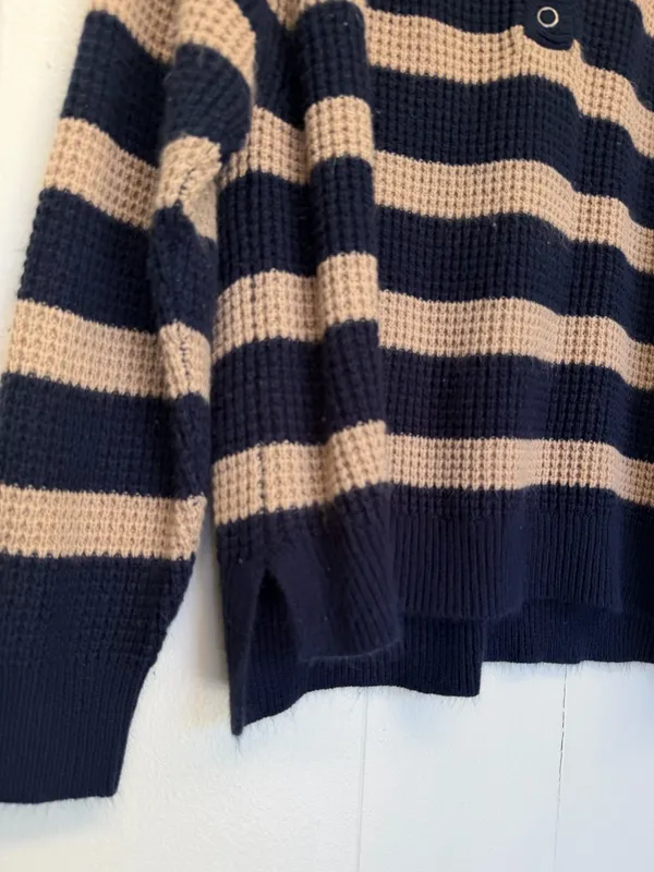 CARLY JEAN Los Angeles Blue Tan Stripe Collar Button Sweater Medium/Large - Image 3