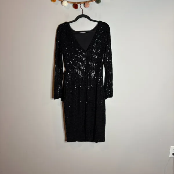 Betsy & Adam black sequin type cinched waist long sleeve dress - Image 4