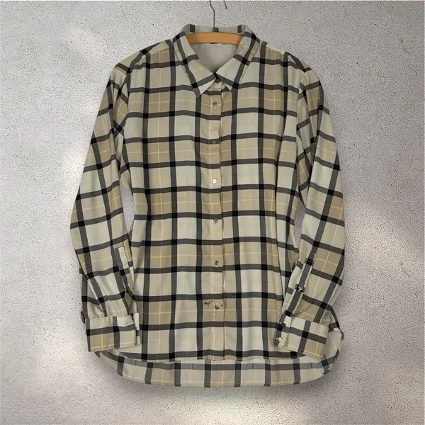 Calvin Klein Plaid Button-Up Blouse Women's M Beige Sheer Casual Fall Minimalist - Image 2