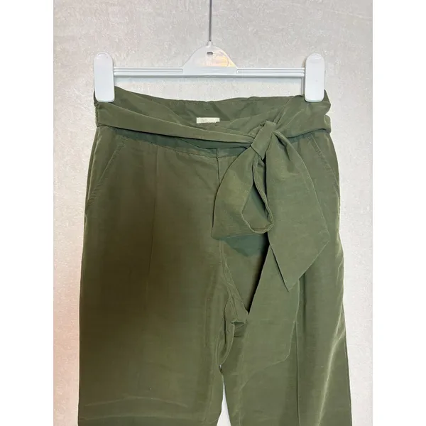 Anthropologie Coquille Olive Green Paperbag Waist Tapered Ankle Pants with Tie - Image 3