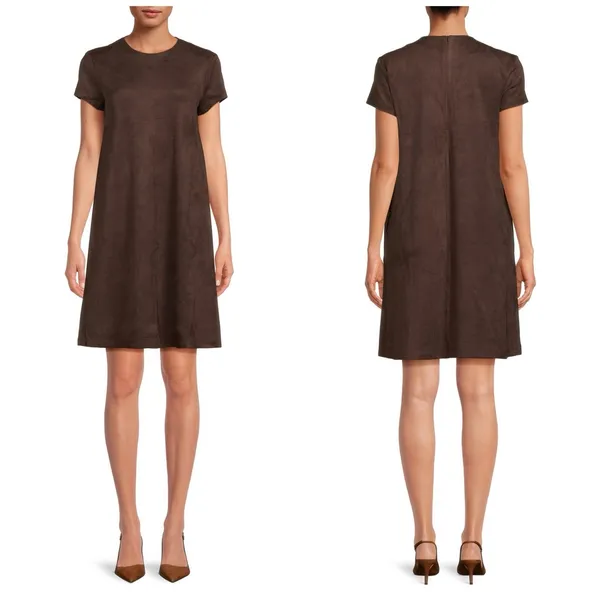 J McLaughlin Dress XS Brown Faux‎ Suede Swing Short Sleeve Pockets Minimalist - Image 2
