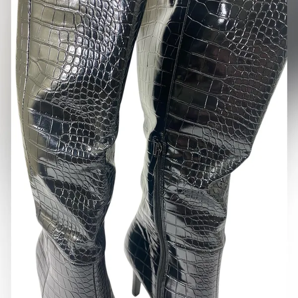 Modatope Black Faux Croc Knee High Boots Edgy Stiletto Heel Pointed Toe Size 6.5 - Image 3