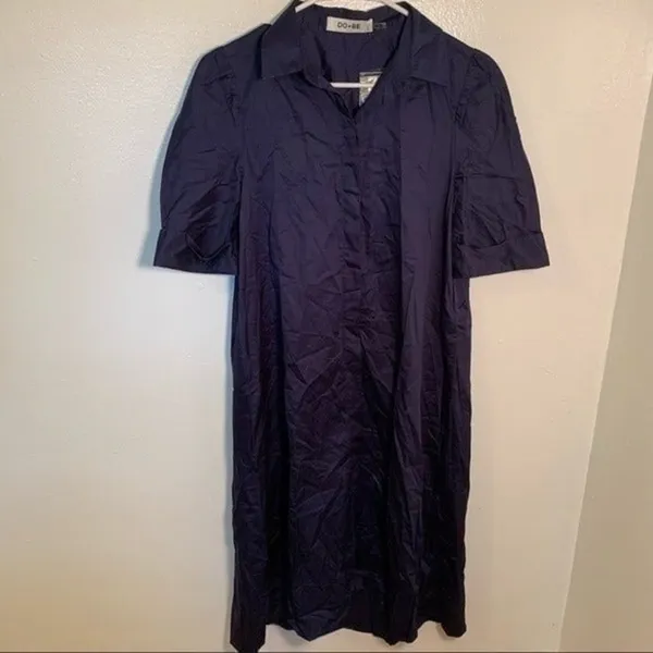 DO + BE Women's Size XS Short Puff Sleeve Shirt Dress Midi Button Down Navy Blue - Image 2
