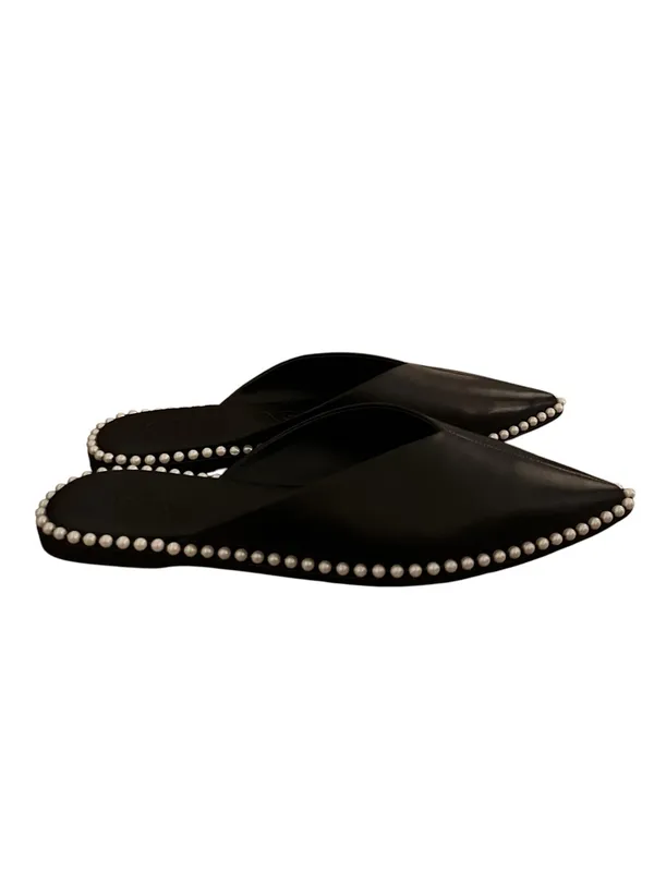 Karl Lagerfeld Paris Vyra Black Leather Pointed Toe Mules with Pearls Size 9 - Image 2