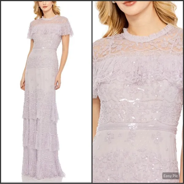 NWT Mac Duggal 9195 Illusion Mesh Overlay Ruffled Long Dress Lilac Size 14 - Image 2