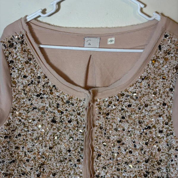 Anthropologie Postmark Paillette Sequin Cardigan Size‎ Large Tan - Image 3
