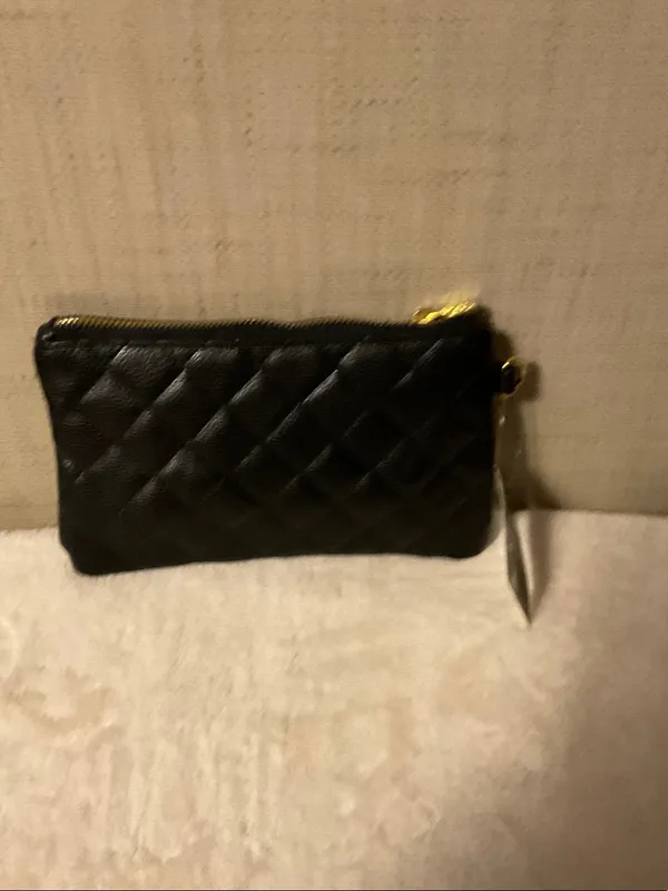 Black Quilted Wristlet Clutch with Gold Medallion - Image 3