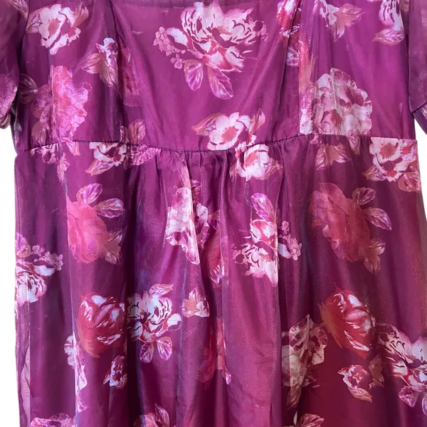 Wild Fable Short Dress SZ XL Burgundy Sheer Floral Smocking Short Puffy Sleeves - Image 4