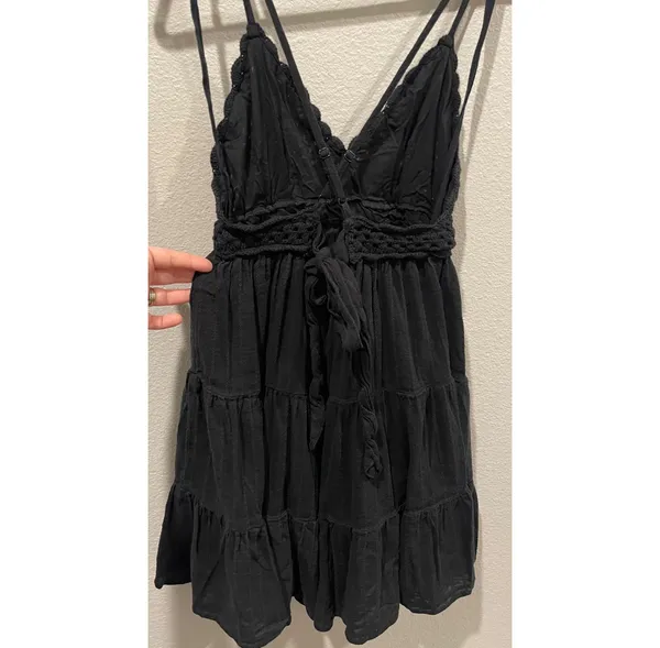 Crochet V-Neck Strap Mini Sun Black Dress - Image 5
