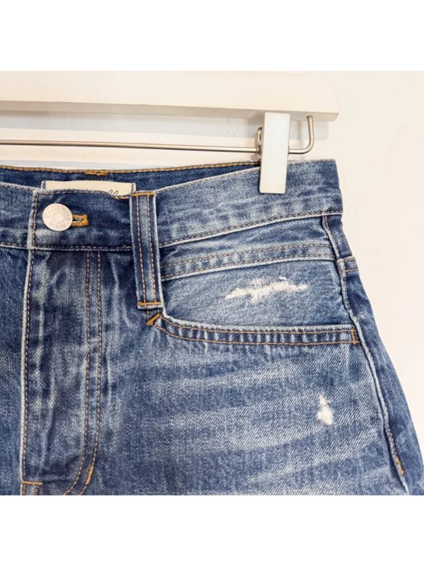 Madewell Skirt Size 26 Blue Button Fly‎ Distressed Raw Hem A Line Mini Y2K Retro - Image 4