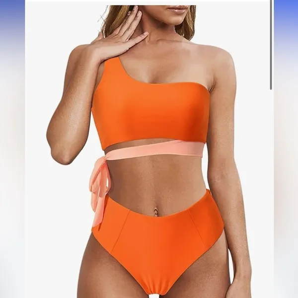 Orange and pink One-Shoulder Bikini Set side tie high waisted bikini - Image 2