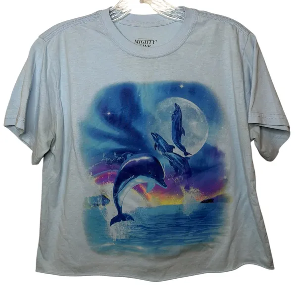 Mighty Fine Dolphin Graphic Tee‎ Blue Ocean Moon Y2K Coastal Top Sz XS Vacation - Image 3
