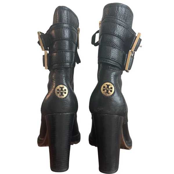 Tory Burch Combat Boots Black Leather Double Buckle Heeled Moto Size 9 - Image 4