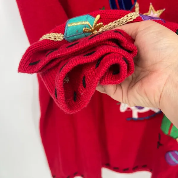 Vintage Red Christmas Sweater Embroidered Santa Toys Gifts Holiday Pullover - Image 10
