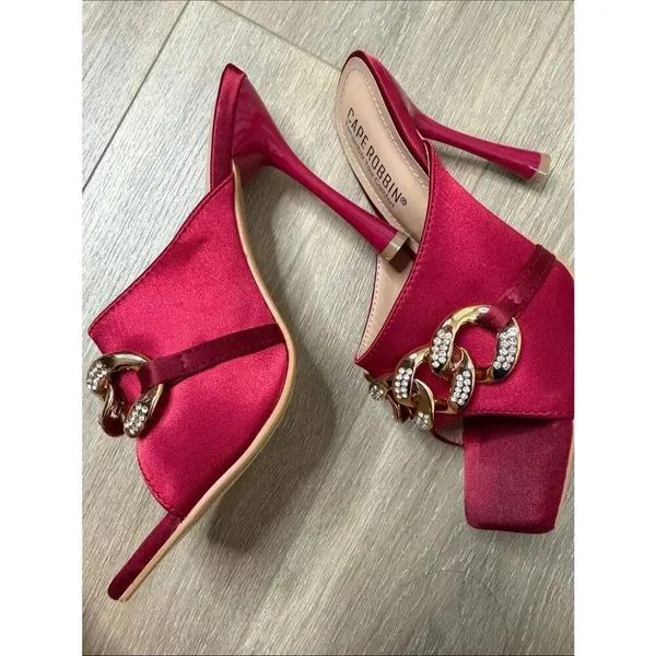 Cape Robbin Disteny Brick Red Satin Slide Mules with Gold Crystal Chain - Image 10