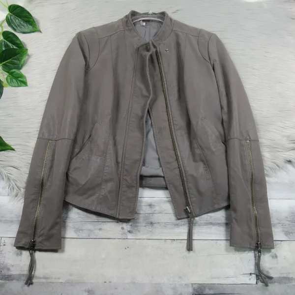 FREE PEOPLE Cool & Clean Faux-Leather Jacket Ribbed Knit Insets Zip Cuffs Size - Image 5