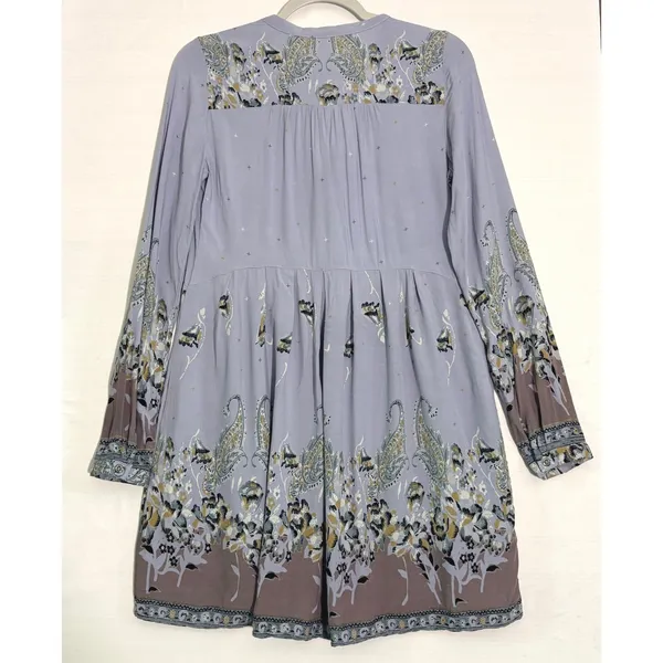 Free People Purple‎ Paisley Floral Boho Mini Dress Long Sleeve Babydoll Tunic XS - Image 3
